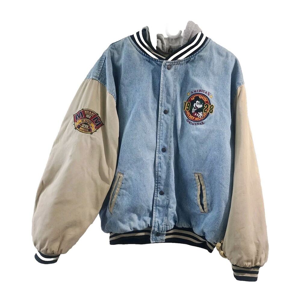 Vintage Disney Store 1928Mickey Mouse League Denim Hooded Varsity Jacket XXL 90s
